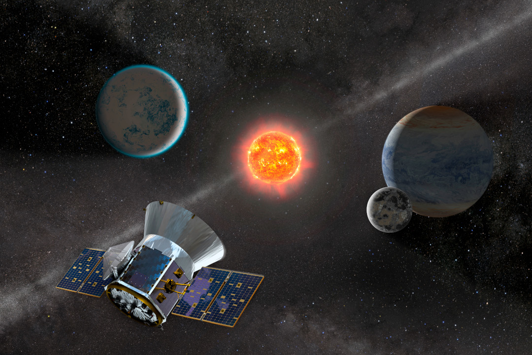 Image shows the TESS satellite with star and planets.