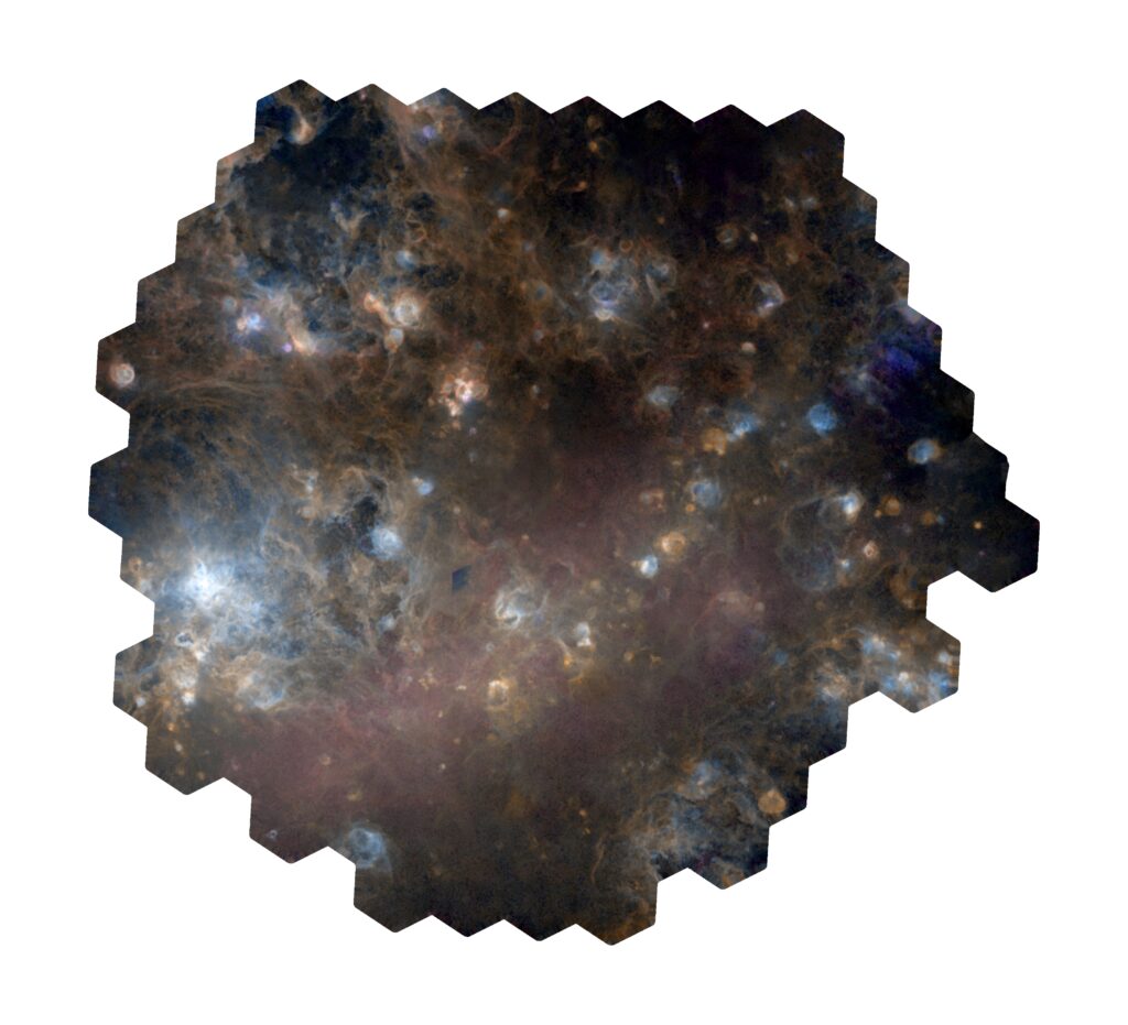 Knots and filaments of gas are interspersed with many roughly circular bubbles