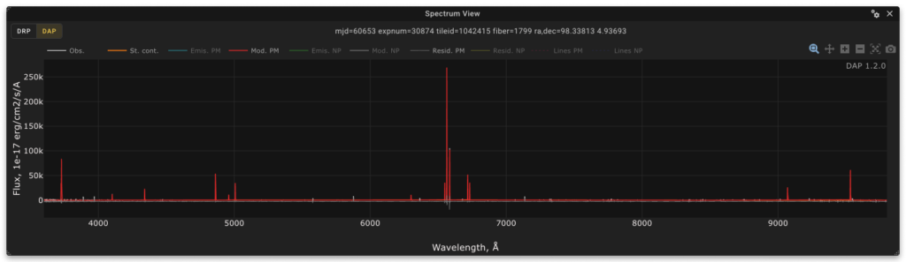 Spectrum View in DAP mode showing the observed spectrum, stellar-continuum model, and nebular emission-line model for one fiber.