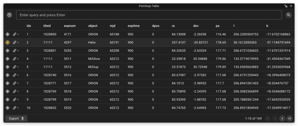 Pointings Table showing LVM exposure metadata, row actions, and pagination controls.